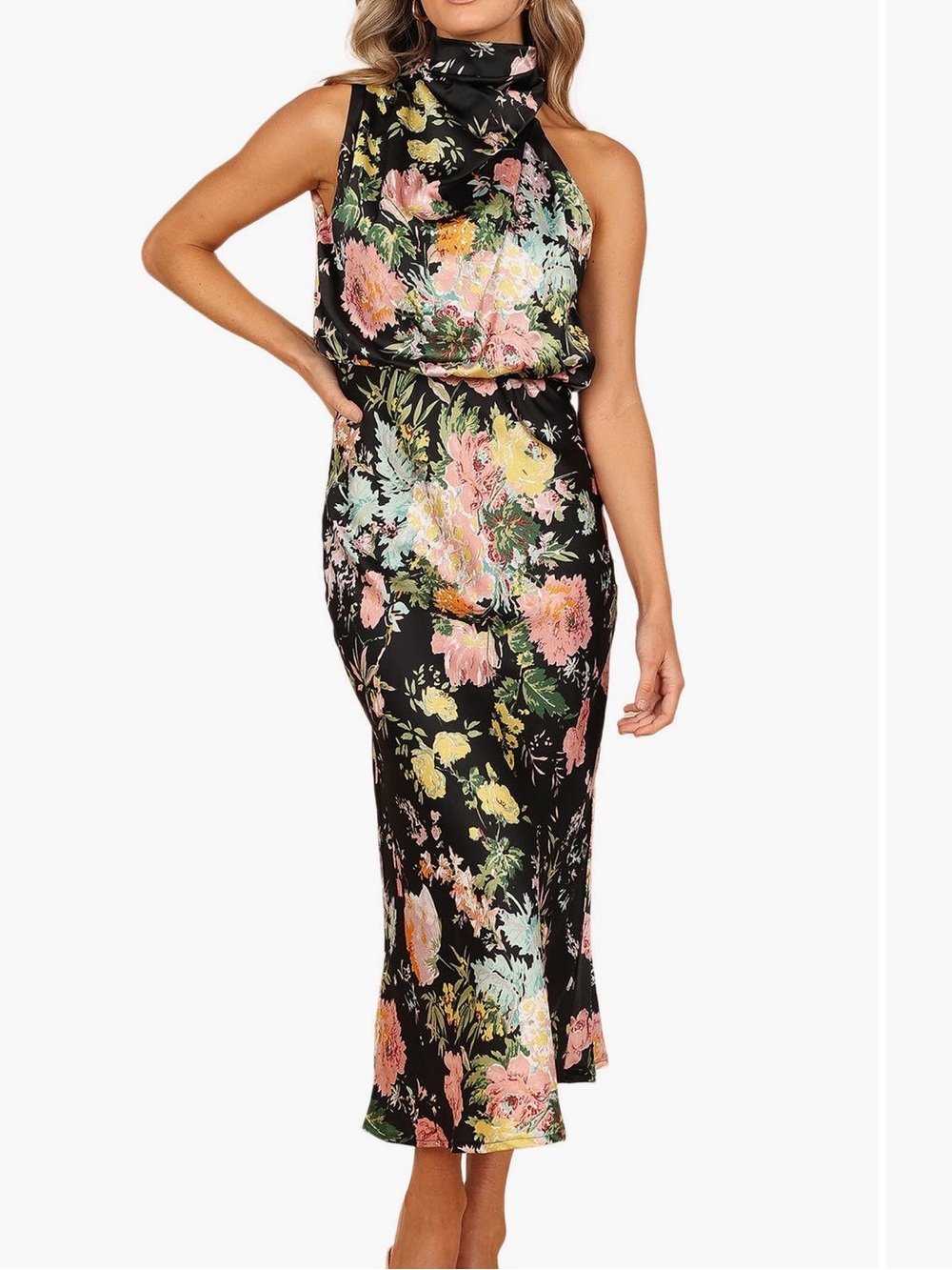 Petal & Pup Anabelle Floral Sleeveless Halter Neck Midi Dress Black Multi large